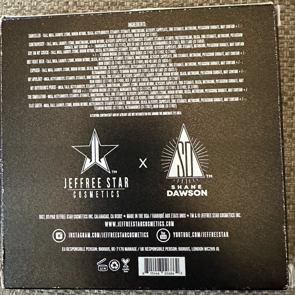 Jeffree Star & Shane Dawson  Controversy Eyeshadow Pallet 9 Vibrant Colors
